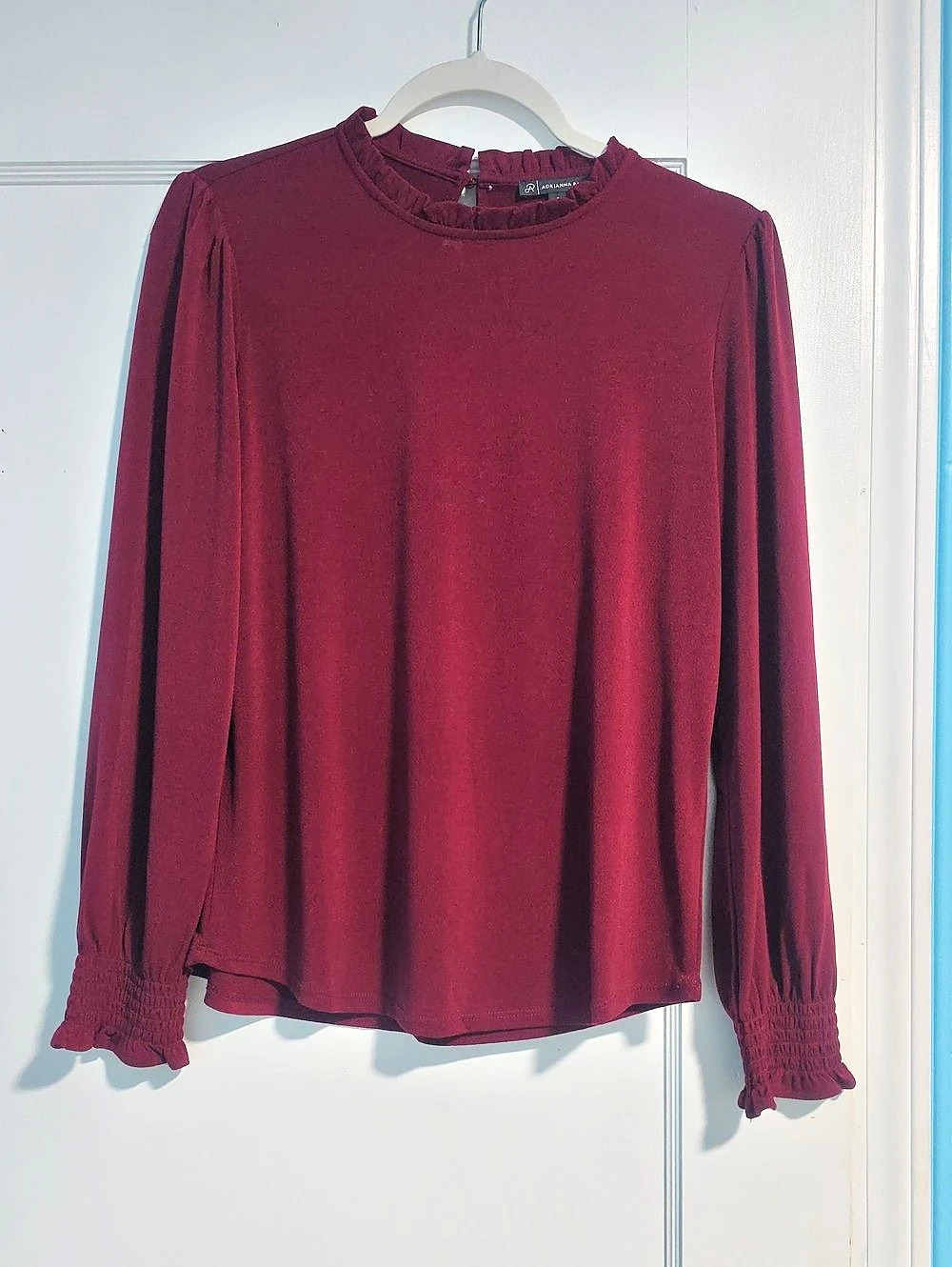 Adrianna Papell Ruffle Mock Neck Long Sleeve Blouse Burgundy Small